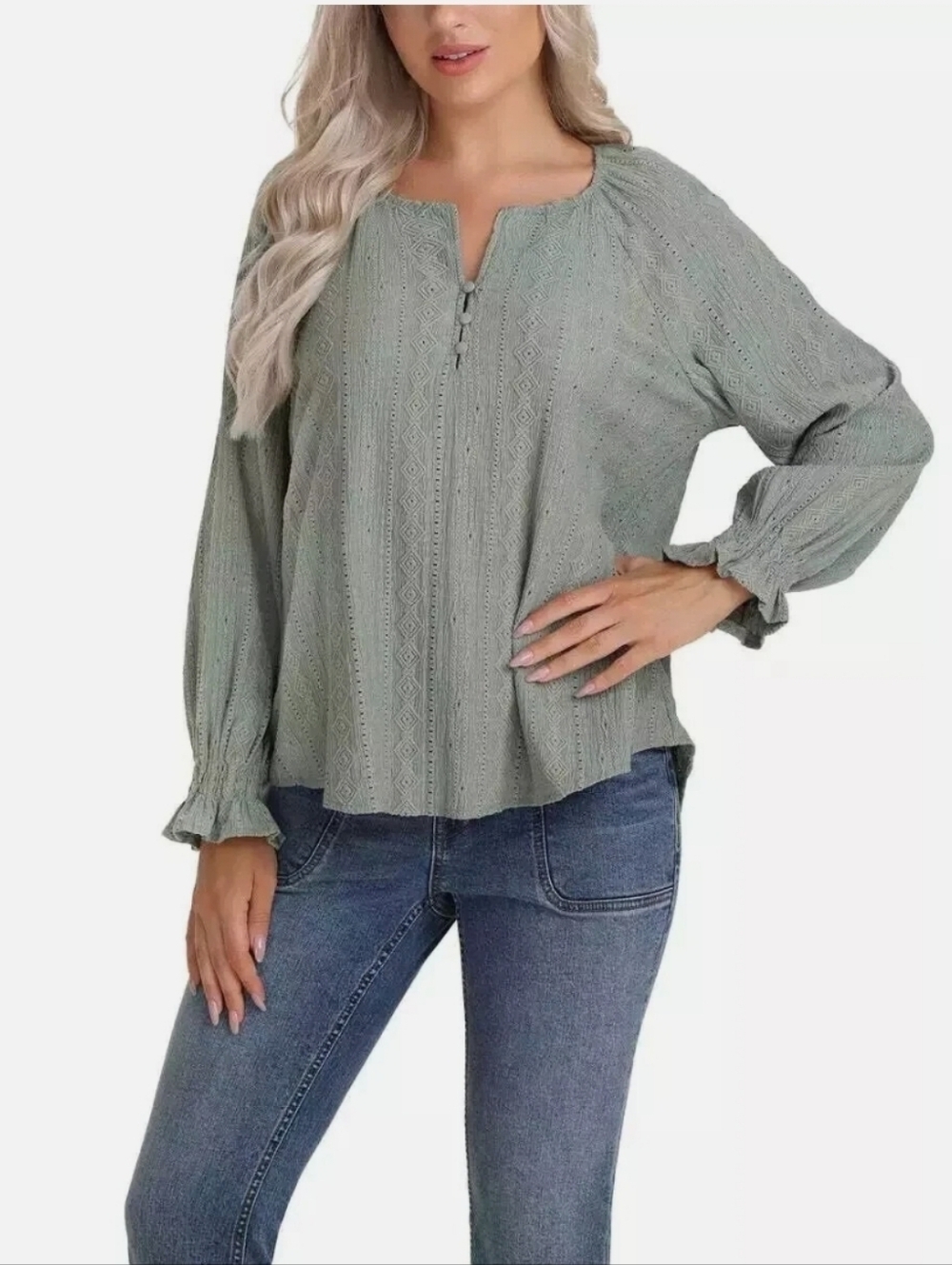 Frye Sage Green Textured Peasant Blouse XXL Boho Button Front Long Sleeve Top